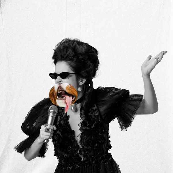 Śpiewak Surrealistyczny Kolaż Portretem Młodej Pięknej Kobiety Czarnej Sukni Wieczorowej — Zdjęcie stockowe