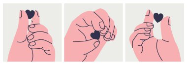 İki parmaklı bir kalbi tutan dev bir insan elinin çizimleri. Vektör 10.