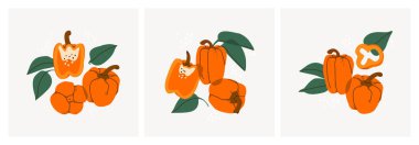 Dekoratif biber seti tatlı dolma biberle hayat bulur. El çizimi kırmızı biber parçaları, dal ve yapraklar. Baskı, posterler, kartpostallar, tasarım için ideal. Vektör trend üç çizgili.