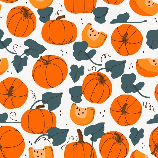 Vector Seamless Pattern Pumpkin Fruits Slices Leaves Hand Drawing Autumn — Stock Vector