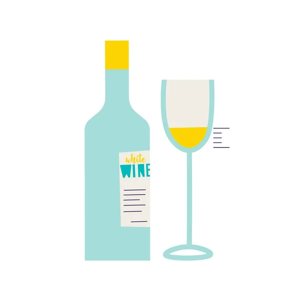 一瓶白葡萄酒 一杯酒里倒入了一剂品酒 用于设计的矢量趋势隔离插图 — 图库矢量图片