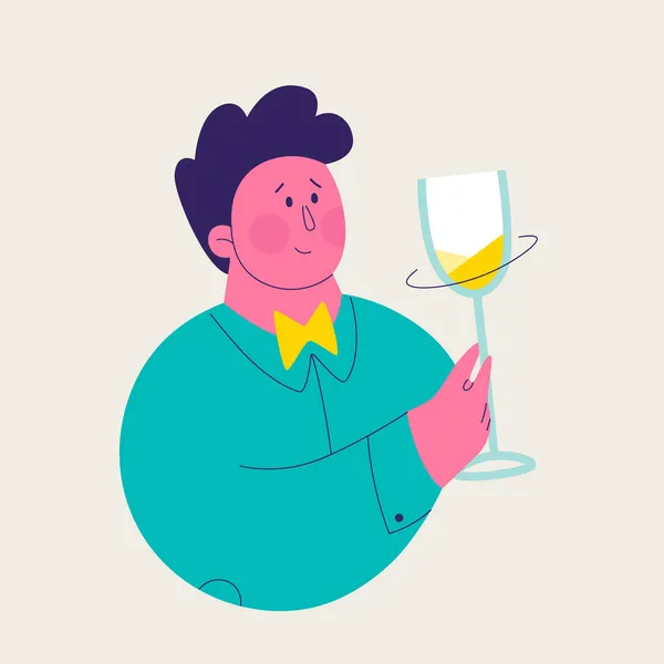 Ilustração Única Conjunto Degustação Vinhos Brancos Homem Bonito Está Girando — Vetor de Stock