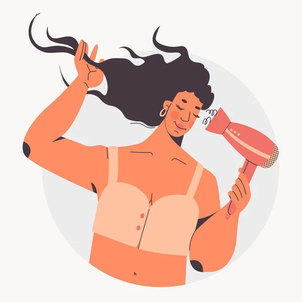 Nettes Mädchen Trocknet Ihre Haare Mit Einem Haartrockner Vektorcharakter Illustration — Stockvektor