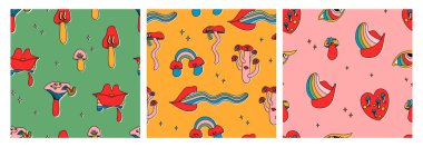 Yüzleri, gözleri, dilleri ve yanakları olan klasik psikedelik mantar desenleri. Şirin vektör çoklu renk yineleyici elementler.