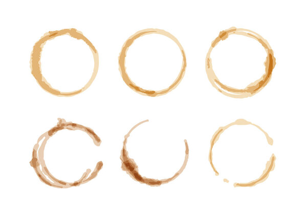 Round marks from a mug of coffee or tea. Set of stains and stains from drinks. Vector isolated illustration for design, menu, bar, restaurant, coffee shop.
