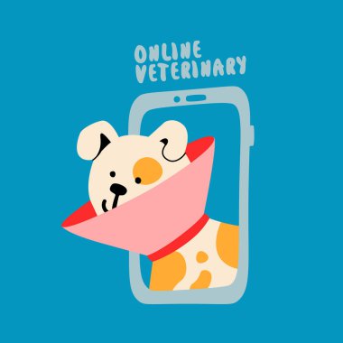 Çevrimiçi veteriner. Koruyucu konide mutlu bir köpek yavrusu. Engelli bir köpek akıllı telefondan gözetliyor. Vektör illüstrasyonu.
