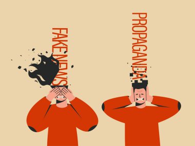 Fake news and propaganda concept. Man and Woman with closed eyes hands. Emotion of anger or fear. Too much information. Vector flat illustration isolated on white background. clipart