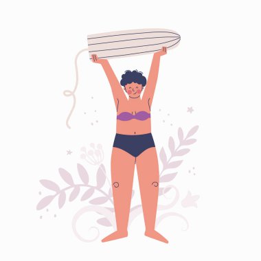 Genç bir kadın üzerinde dev bir tampon tutuyor. Kadın sağlığı ve hijyen kavramı. Vektör izole illüstrasyonu.