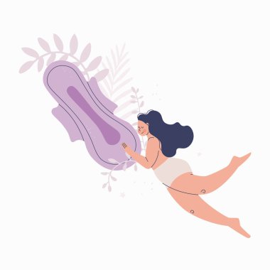 Elinde kocaman bir kadın pedi tutan genç bir kadın. Kadın sağlığı ve hijyen kavramı. Vektör izole illüstrasyonu.