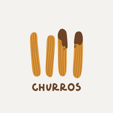 Churreria 'nın logosu. Çuro ve çikolata. Kahvaltı için İspanyol geleneksel pastaları. Tasarım ve el yazısı metni için vektör illüstrasyonu.