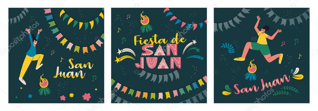 Set of designs for postcards or posters for the celebration of Saint Juan. Text in Spanish Fiesta de San Juan (Feast of Saint John). People are jumping over the bonfire, fireworks and decorative flags. Vector