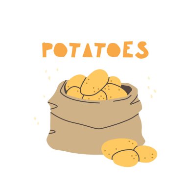 Poşette patates. Beyaz arkaplanda izole edilmiş vektör düz illüstrasyon.