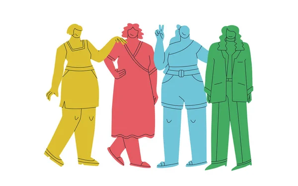 Grupo Abstractas Mujeres Lindas Multicolor Figuras Femeninas Desproporcionadas Diferentes Posturas — Vector de stock