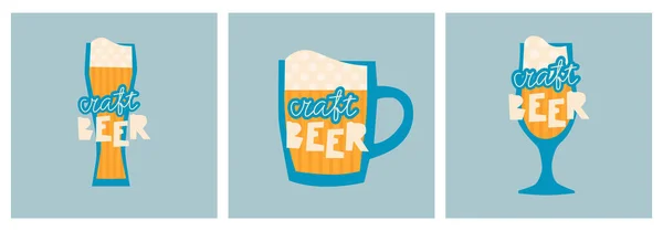 Set Hand Drawing Vector Illustrations Various Beer Glass Mugs Lettering — Stock Vector