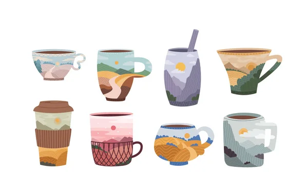 Set Cups Mugs Coffee Tea Landscape Coffee Mate Cocoa Etc — Stock Vector