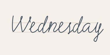 Wednesday. Handwritten letters of the name of the day of the week. Lettering written on a straight line. Hand drawn text on white background.