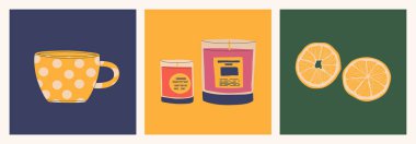 Kokulu mumlar, portakal dilimleri, puantiyeli sarı kupalar. Sonbahar tasarım elementleri. Vektör düz izole çizimler.