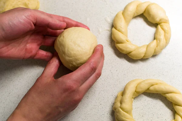Top View Female Hands Preparing Dough White Kitchen Table — стоковое фото