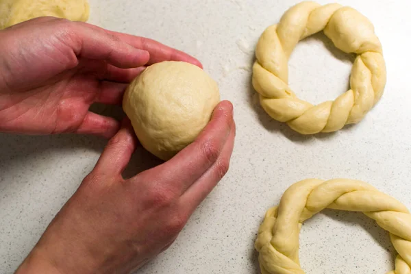 Top View Female Hands Preparing Tough White Kitchen Table — стоковое фото