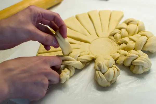 Female Hands Braiding Decorating Dough White Kitchen Table — стоковое фото