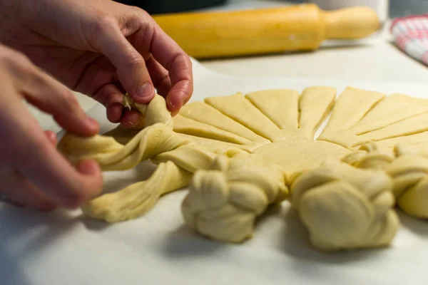 Close Female Hands Braiding Preparing Dough Baking — Zdjęcie stockowe