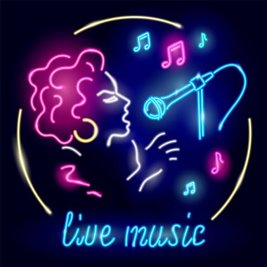Karanlık arka planda mikrofona şarkı söyleyen bir kızın olduğu neon poster. Canlı müzik ve notalarla parlayan bir işaret. Vektör illüstrasyonu.