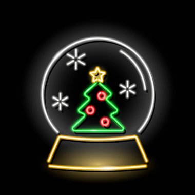 Siyah zemin üzerinde ağaç simgesi olan Neon Chrismas kar küresi. Xmas, rahat ev, kış, gelenek konsepti. Vektör illüstrasyonu.