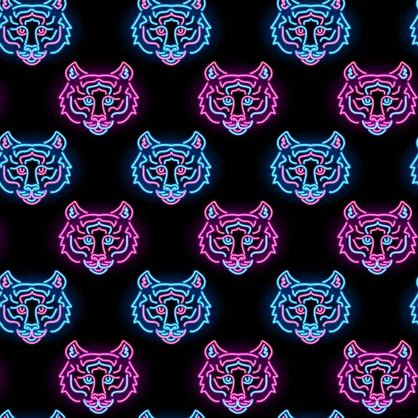 Patrón sin costuras de cara de tigre de neón con iconos azules y rosados sobre fondo negro. Año nuevo chino 2022, signo del zodíaco, salvaje, concepto de Asia. Ilustración vectorial. — Archivo Imágenes Vectoriales