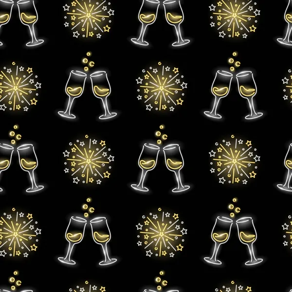 Champagne glasses and firework seamless pattern with neon icons on black background. Winter holidays, celebration, anniversary concept. Vector illustration. — Stock Vector