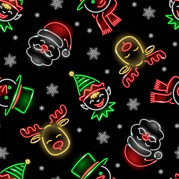 Niedliches Weihnachtsmuster mit neonfarbenen glücklichen Gesichtern von Weihnachtsmann, Hirsch, Elfe, Schneemannsymbolen auf schwarzem Hintergrund. Winterurlaub, Weihnachten, Maskerade. Vektorillustration. — Stockvektor