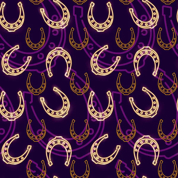 Seamless pattern with neon gold horseshoes on dark purple background. Horses, good luck, cowboy, western concept. Vector illustration. — Stock Vector