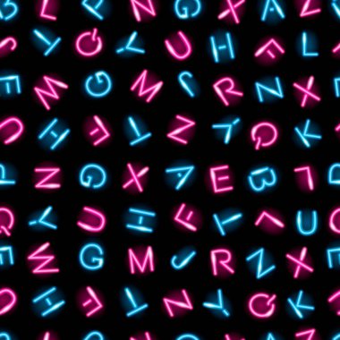 Siyah arkaplanda mavi ve pembe alfabe sembolleri olan, kusursuz desenli neon harfler. Metin, okul, duvar kağıdı, ambalaj, baskı için tabela konsepti. Vektör illüstrasyonu.