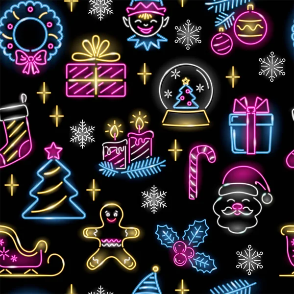 Noel Baba, hediye kutusu, baston şekeri, mum, çorap, Noel ağacı, çelenk, siyah arka planda hile. Xmas, yeni yıl ambalaj ve baskı konsepti. Vektör Stok Illüstrasyon