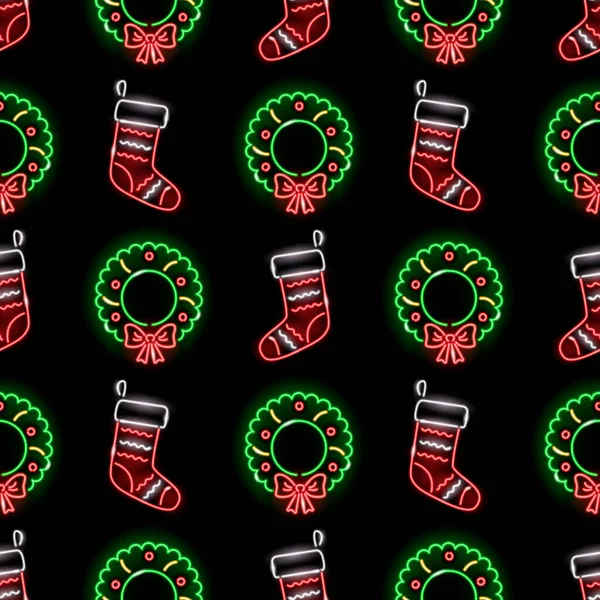 Weihnachten nahtlose Muster mit Neon-Ikonen von Strumpf und Weihnachtskranz auf schwarzem Hintergrund. Winterurlaub, Neujahr, Festkonzept für Tapete, Verpackung, Druck. Vektorillustration. — Stockvektor