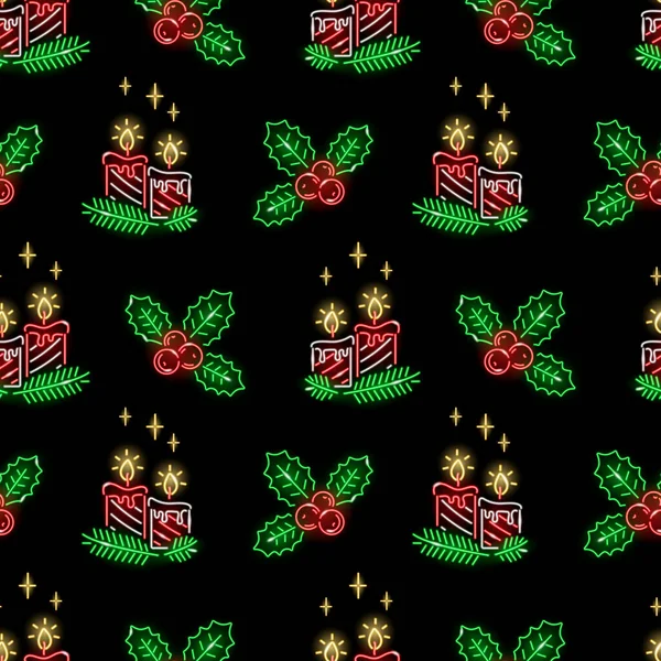 Padrão sem costura de Natal de néon com velas e baga de azevinho no fundo preto. Férias de inverno, casa acolhedora, conceito de Natal para papel de parede, embalagem, impressão. Ilustração vetorial. —  Vetores de Stock