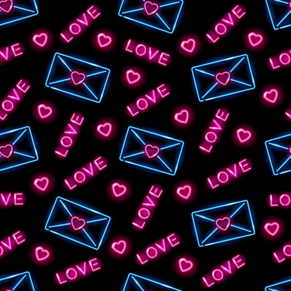 Neon Valentinstag nahtloses Muster mit Ikonen der Liebesbriefe, Liebesworte und Herzen auf schwarzem Hintergrund. Liebesbriefe, Kommunikationskonzepte. Vektorillustration. — Stockvektor