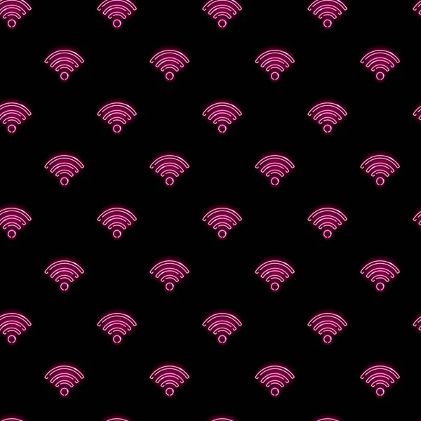 Neon wi-fi sign seamless pattern with pink icons on black background. Network, wireless, wifi zone concept. Vector illustration. — Stock Vector