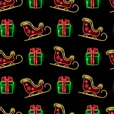 Noel Baba 'nın kızağının simgeleriyle ve siyah arka planda hediye kutularıyla kusursuz bir Noel deseni. Noel, Boks Günü, Yeni Yıl, Kış tatili ambalaj, baskı konsepti. Vektör illüstrasyonu.