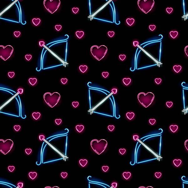 Neon Valentijnsdag naadloos patroon met iconen van hart en Cupido 's strik op zwarte achtergrond. Liefde, huwelijk, romantiek concept. Vectorillustratie. — Stockvector