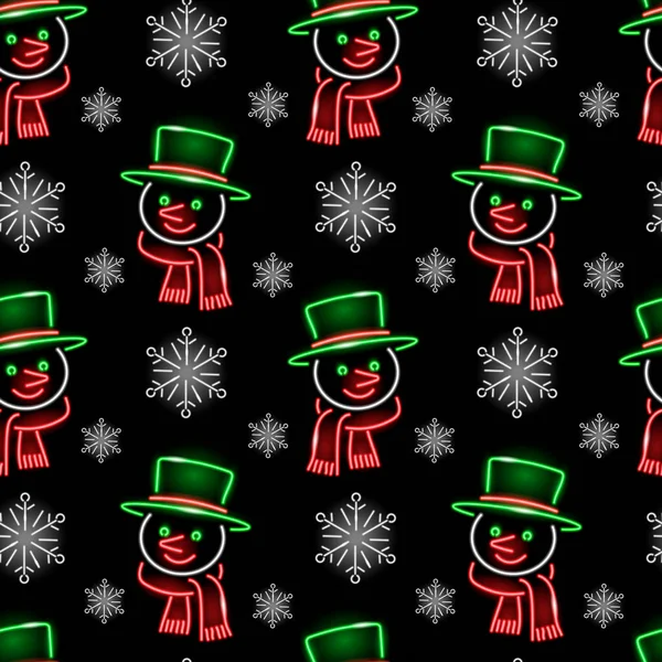 Weihnachten nahtlose Muster mit Neon-Ikonen von niedlichen Schneemanngesicht und Schneeflocken auf schwarzem Hintergrund. Winterurlaub, Weihnachten, Neujahr. Vektorillustration. — Stockvektor