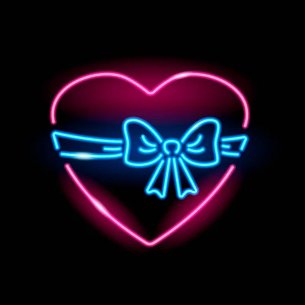 Neon Ikone des Herzens mit Schleife isoliert auf schwarzem Hintergrund. Liebe, Valentinstag, Geschenkkonzept. Vektorillustration. — Stockvektor