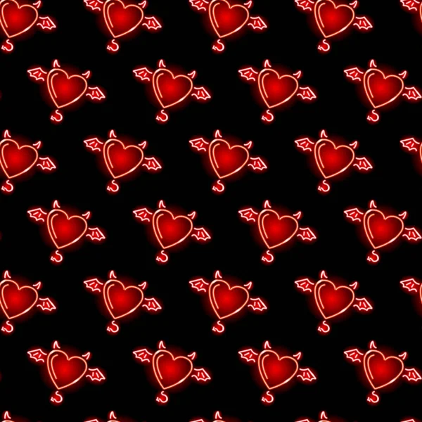 Neon demon heart seamless pattern with red icons on black background. Passion, love, Valentines Day, romance concept. Vector illustration. — Stock Vector