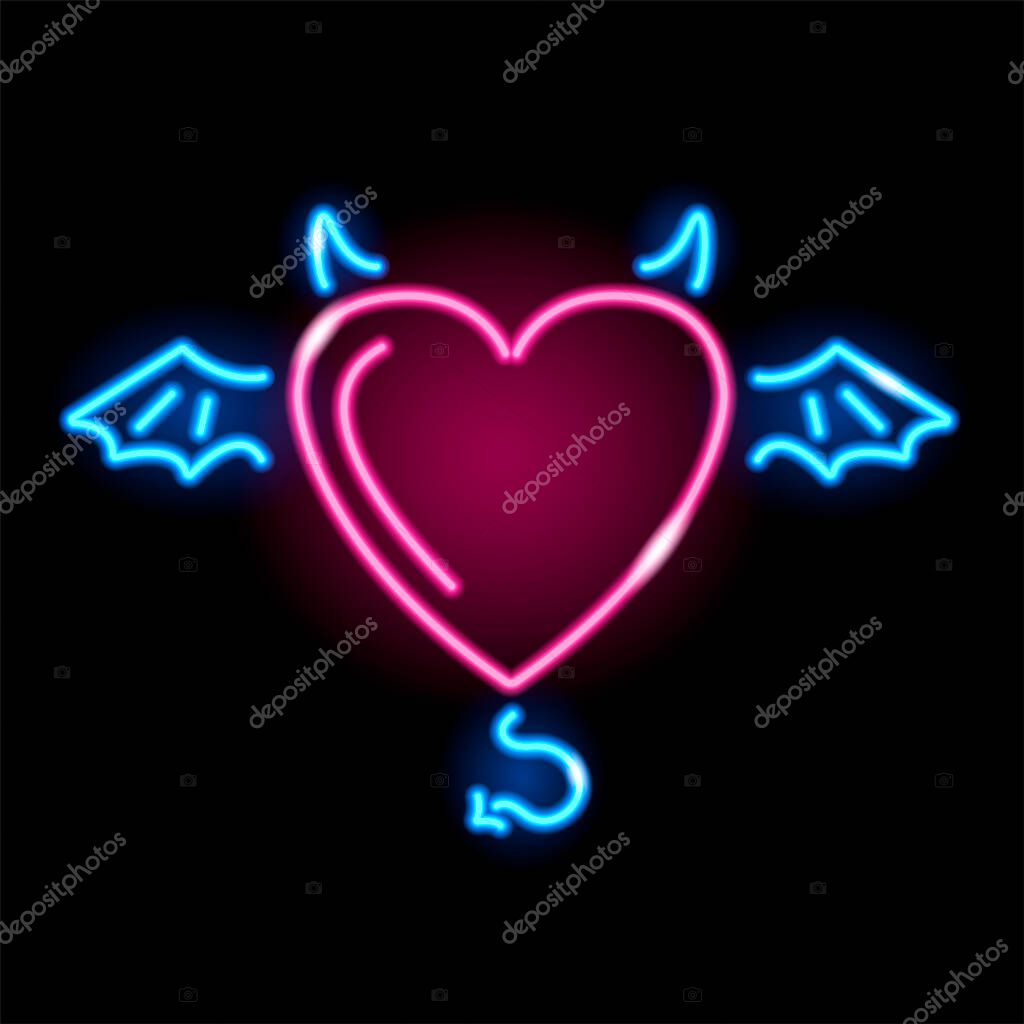 Neon heart with horns, wings and tail icon isolated on black background. Love, passion, demon, devil, Valentines Day concept. Vector 10 EPS illustration.