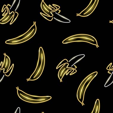 Neon muzları kusursuz desen. Yaz, egzotik, vejetaryen, yemek konsepti. Siyah arkaplanda altın renkli simgeler. Vektör illüstrasyonu.