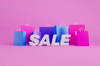 3D indirimli afiş çizimi. Renkli pembe, mavi, mor alışveriş çantaları. 