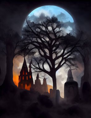 A spooky macabre halloween digital painting, greeting card with a gothic castle, cemetery, trees, moon. A Generative Artwork.