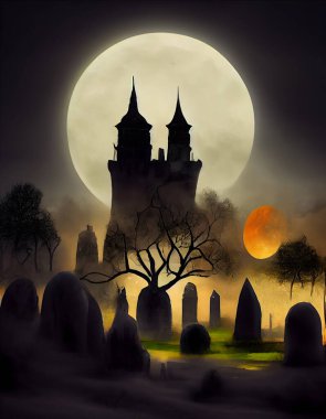 A spooky macabre halloween digital painting, greeting card with a gothic castle, cemetery, trees, moon. A Generative Artwork.