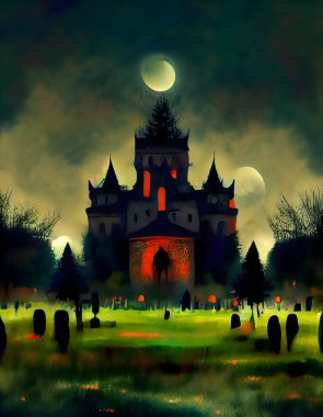 A spooky macabre halloween digital painting, greeting card with a gothic castle, cemetery, trees, moon. A Generative Artwork.