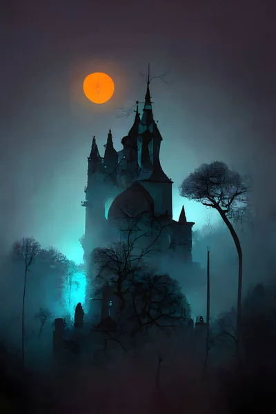 Spooky Macabre Halloween Digital Painting Greeting Card Gothic Castle Cemetery — Fotografia de Stock