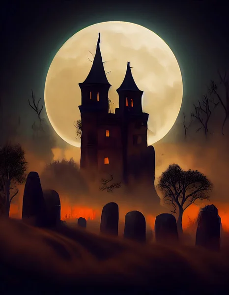 Spooky Macabre Halloween Digital Painting Greeting Card Gothic Castle Cemetery — Zdjęcie stockowe